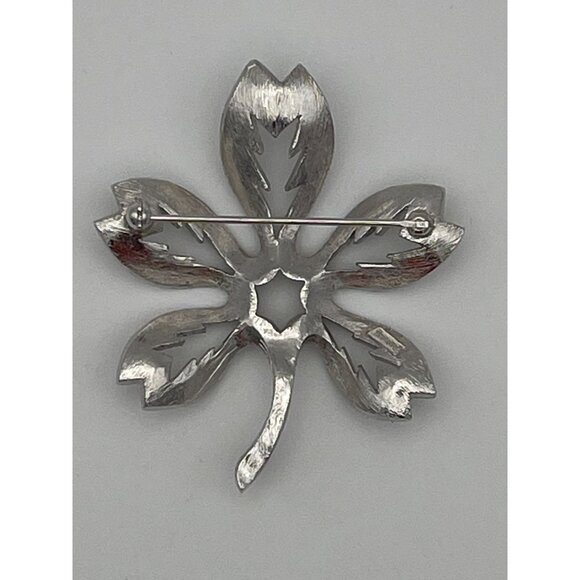 Vintage Trifari Brooch Textured Silver Tone Flower Leaf - Picture 2 of 7